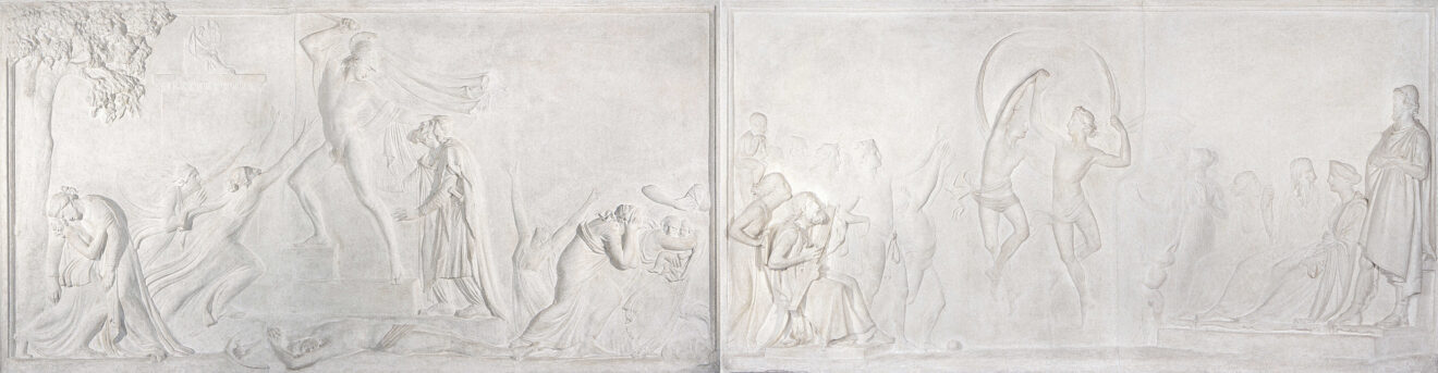 Antonio Canova (Possagno, 1757 – Venezia, 1822), La morte di Priamo (1787 – 1790) e La danza dei figli di Alcinoo (1790 – 1792), gesso, 142 x 280 cm, Trieste, Collezione d’Arte Gruppo Generali