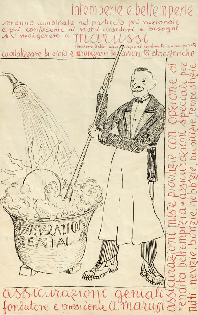Bruno de Finetti, Assicurazioni Geniali S.A., pen drawing, 1935
