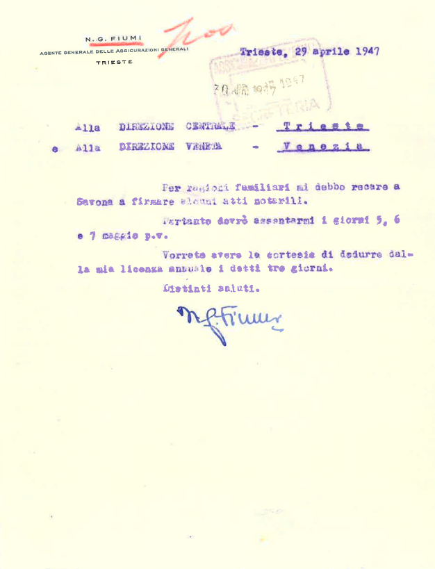 Firma autografa di Napoleone Giovanni Fiumi (1947)