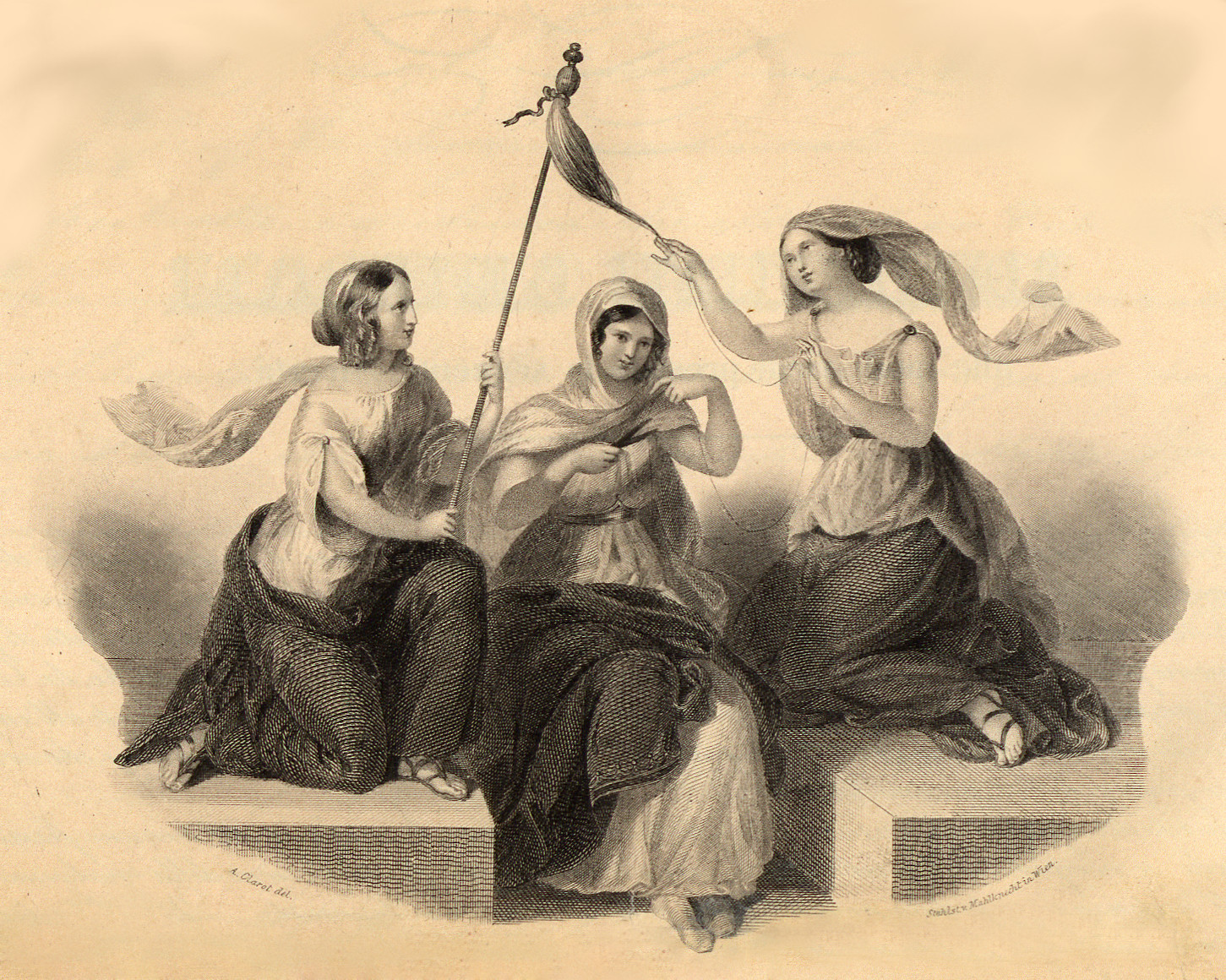 Detail of the Parcae in Francesco Mecchia's policy (Trieste, 1 April 1840)