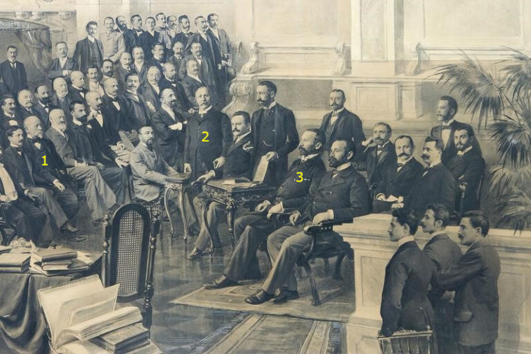 The staff of the Budapest branch portraied in a photograph donated to Secretary General Edmondo Richetti (Budapest, 1899), detail showing Mór Jókai (1), Jacob Poór (2) and Emil Steinhardt (3) / ph. Massimo Goina