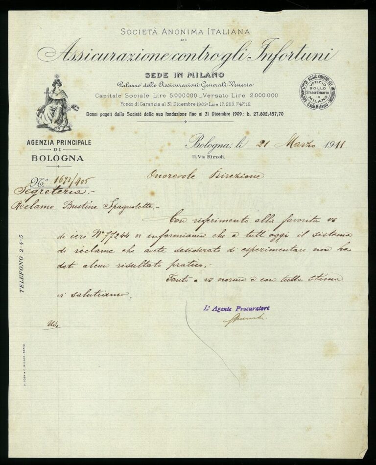 Nota dell’agenzia principale di Bologna (Bologna, 21 marzo 1911)