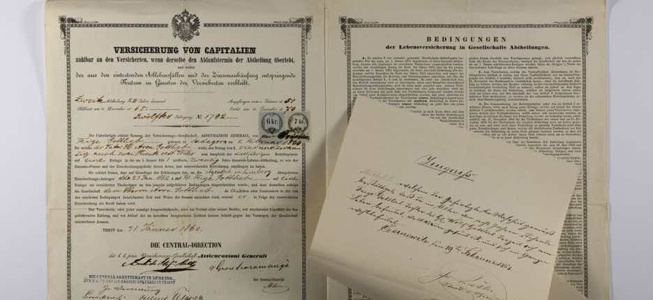 Feige Gottlieb's life policy (Czernowitz, January 31, 1862) with particulars of the Kurrentschrift certificate