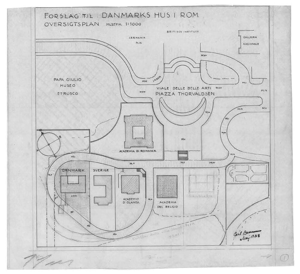 The foreign academies in Valle Giulia, Rome, Italy. Drawing by Carl Brummer, May 1938. Courtesy: Danish Academy in Rome