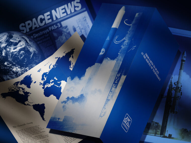 Generali brochure highlighting an image of the Sirio satellite launch (1983) / ph. Massimo Gardone