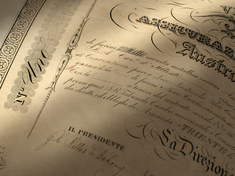 Share Certificate no. 1 of Assicurazioni Generali Austro-Italiche (Trieste, June 30, 1832) / ph. Massimo Gardone