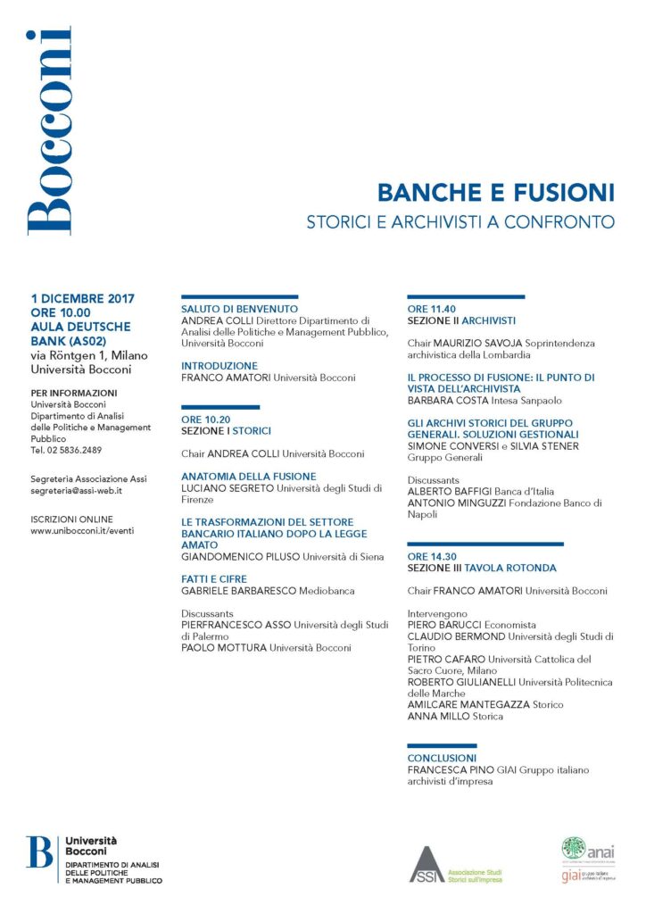 Programma del workshop Banche e fusioni, storici e archivisti a confronto (Milano, 1 dicembre 2017)
