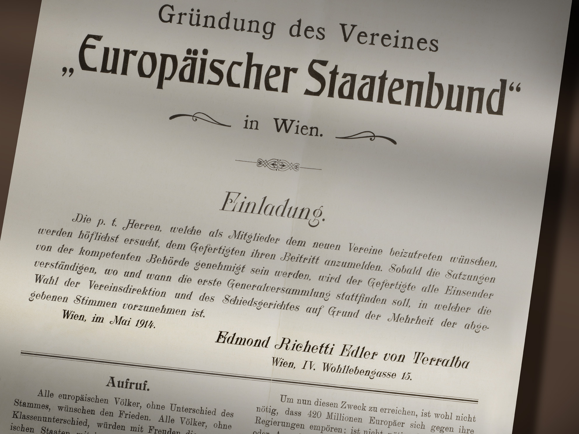 Europäischer Staatenbund (Union of European States) manifesto by Edmondo Richetti (Vienna, May 1914) / ph. Massimo Gardone