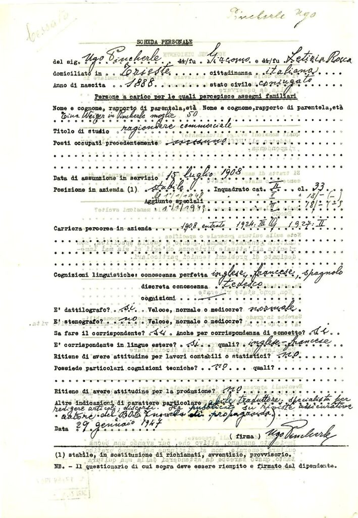 Ugo Pincherle’s personal card (1947)