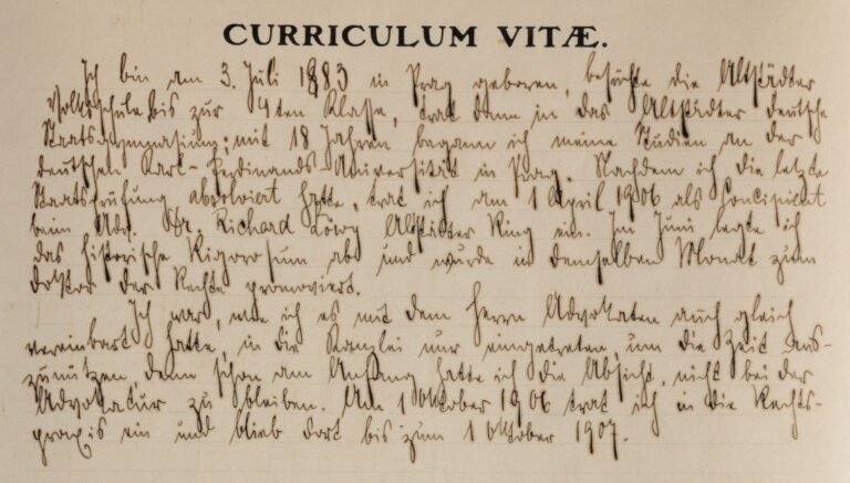 Franz Kafka's job application (1907), detail of handwritten curriculum
