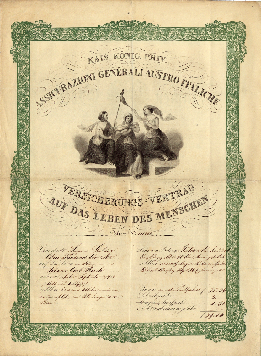 Life insurance policy (in case of death) for Johann Carl Reich (Trieste, 14 February 1839)