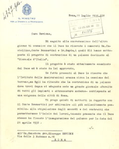 Lettera di Dino Alfieri a Giuseppe Bevione (Roma, 1936), recto