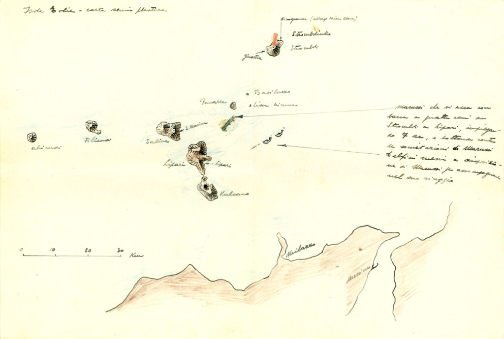 Antonio Marussi, Mappa delle isole Eolie, disegno a penna, 1937