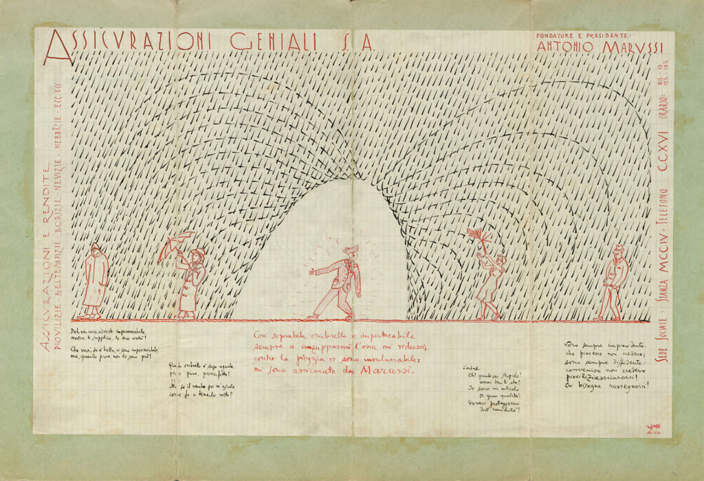 Bruno de Finetti, <em>Assicurazioni Geniali S.A.</em>, disegno a penna, 1935