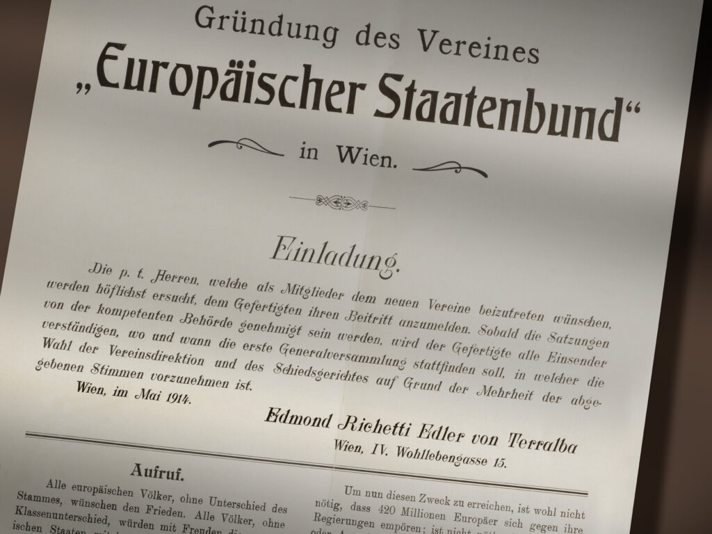 Manifesto Europäischer Staatenbund (Unione degli Stati europei) di Edmondo Richetti (Vienna, maggio 1914) / ph. Massimo Gardone