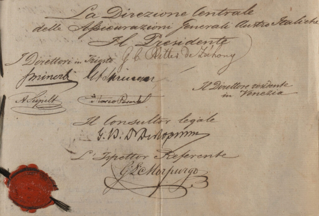Firma di Giuseppe Lazzaro Morpurgo (1832), particolare del certificato di autenticità del contratto sociale / ph. Duccio Zennaro 