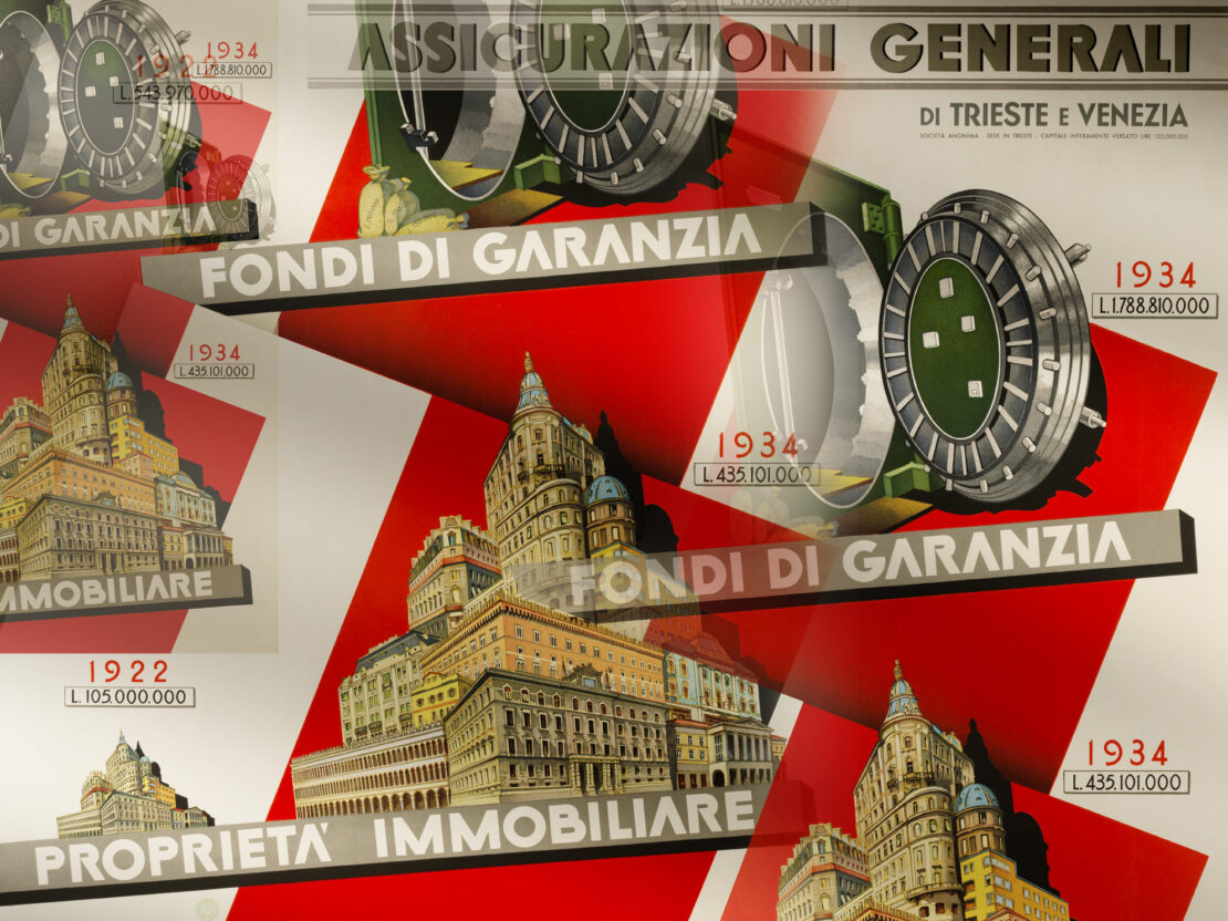 Generali poster produced by Pollione Sigon (1935), detail of real estate property and guarantee funds / ph. Massimo Gardone (2021)