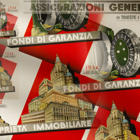 Generali poster produced by Pollione Sigon (1935), detail of real estate property and guarantee funds / ph. Massimo Gardone (2021)