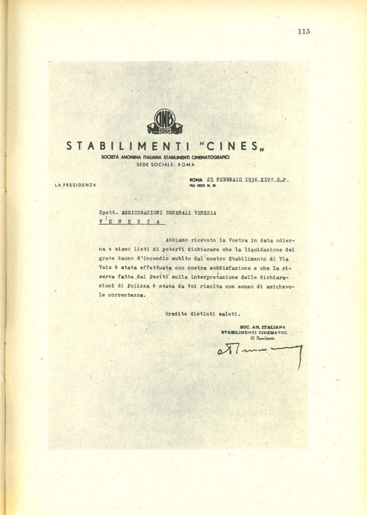 Lettera di ringraziamento della Cines (Roma, 25 febbraio 1936), da «Bollettino», n. 3, marzo 1976